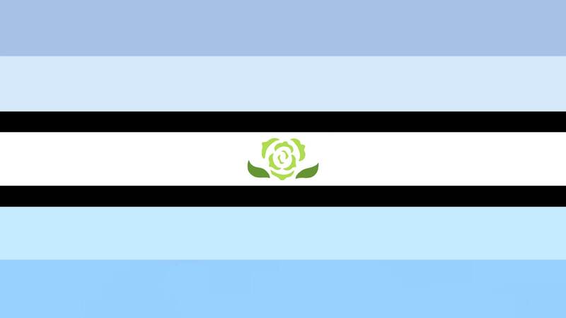 flag with 7 horizontal stripes, the middle being white with thin black stripes on each side. in the middle of the white stripe is a cartoon green carnation from the achillean flag. the top two stripes are light blue and pastel blue, but more purple toned. the bottom two stripes are regular pastel blue and light blue.