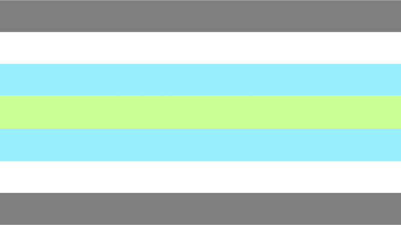 flag has 7 horizontal stripes that are symmetrical in color order being grey, white, baby blue, light green, baby blue, white and grey. 