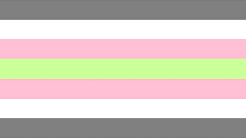 flag has 7 horizontal stripes that are also symmetrical in color order being grey, white, baby pink, light green, baby pink, white, and grey. 