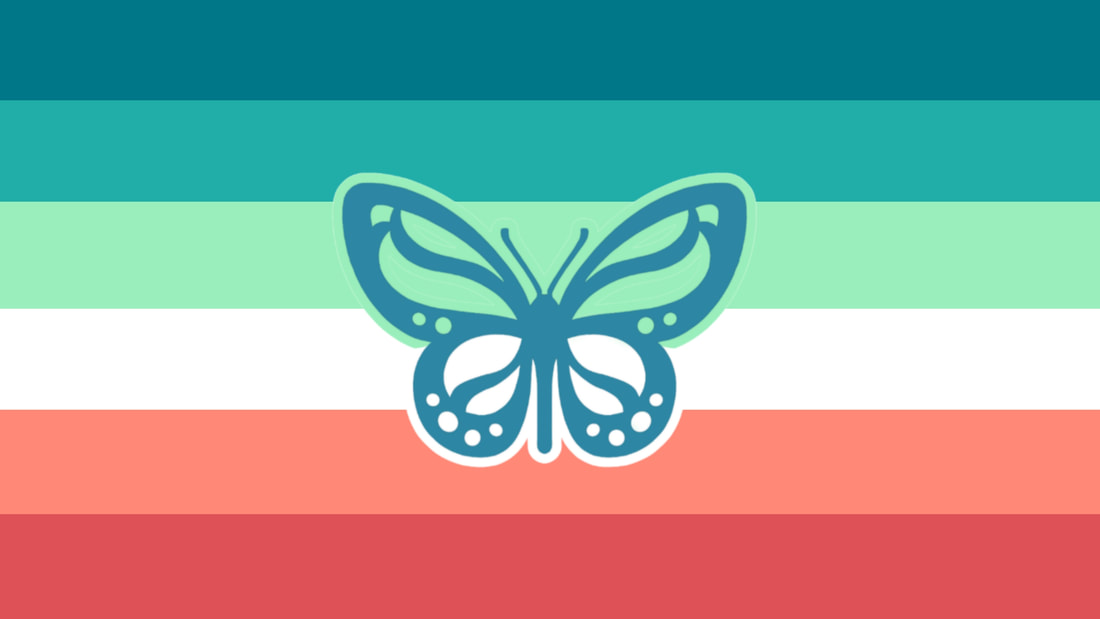 flag with dark teal butteryfly with hole patterns in wings showing the stripes of the flag underneath and a border of the center two stripes going around it into the surrounding middle stripes, the markings are circles and wavy and curved lemon type shapes.