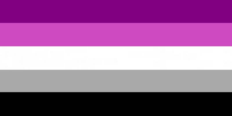 flag with 5 stripes being purple, light purple, white, grey, and black
