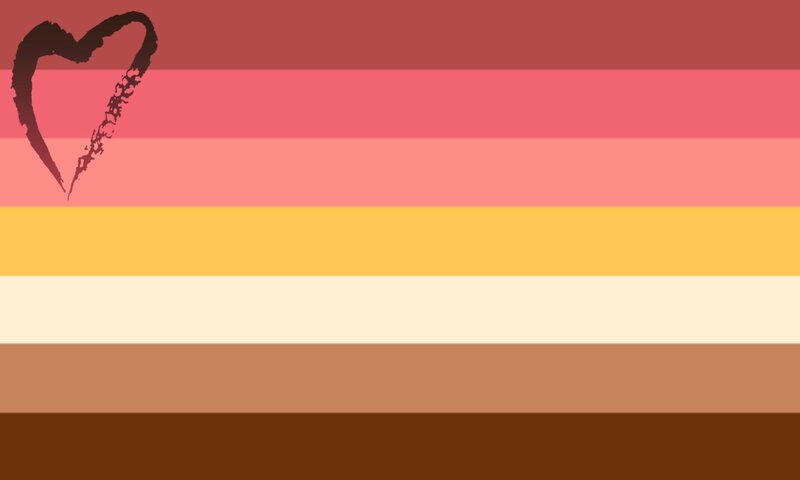 a warm toned flag with 7 horizontal stripes that are dark magenta, pink, light pink, golden yellow, beige, light brown, and brown. there is a heart in the top left hand corner of the flag that looks painted on with streaks. the top of the heart is colored very dark brown and blends into a dark pink color. 