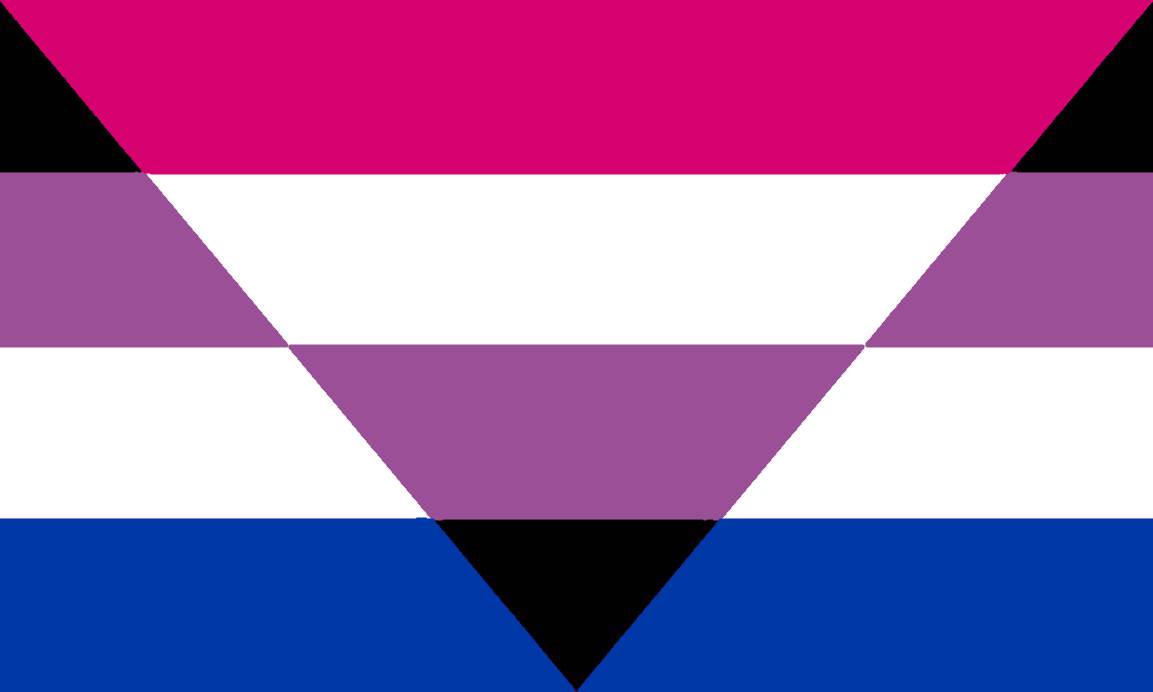 flag with 4 stripes with an upside triangle on it with different color stripes. the main flag top to bottom is black, purple, white, and dark blue. The triangle from the top of flag to the bottom is dark pink, white, purple, and black