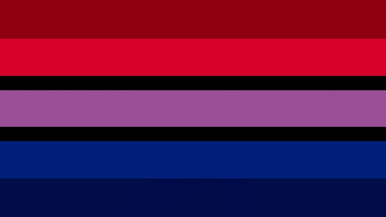flag with 7 horizontal stripes, with the stripes all being similar in size but the stripes on either side of the middle purple stripe being thin and black. the top stripes are a dark red and then red. the last stripe is very dark blue and then blue.