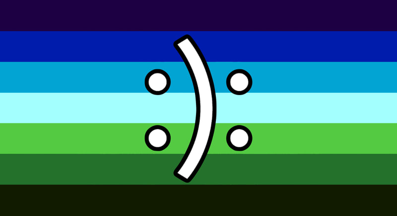 flag with 7 horizontal stripes which colors from top to bottom are very dark blue, dark blue, steel blue, light sky blue, green, forest green, and very dark green. There is a emoticon on the flag that is both a smiley face and a frowney face. it is a colon, a right side paranthesis, and another colon. It is white in color with a black border. 