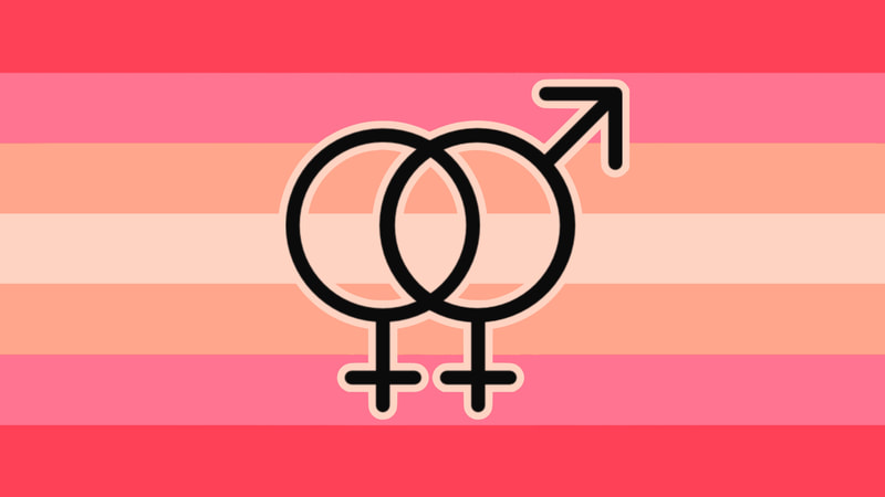 Flag with 7 horizontal stripes that are hot pinkish red, pink, tan, very light beige, tan, pink, and hot pinkish red. There is a symbol in the center that is the mars and venus symbol combined with another interlocked venus symbol attached to it, making it look like a combined double venus symbol and bigender symbol. There is a thin light beige outline around the symbol.