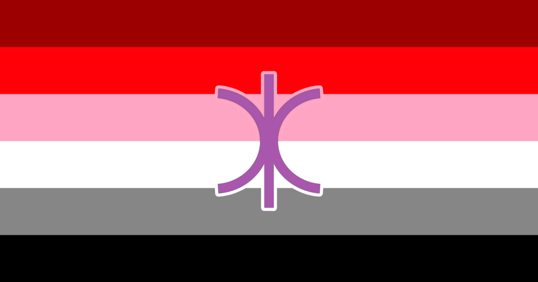 flag version that has purple hand of eris symbol with pink and white borders extending around of it onto the surrounding stripes