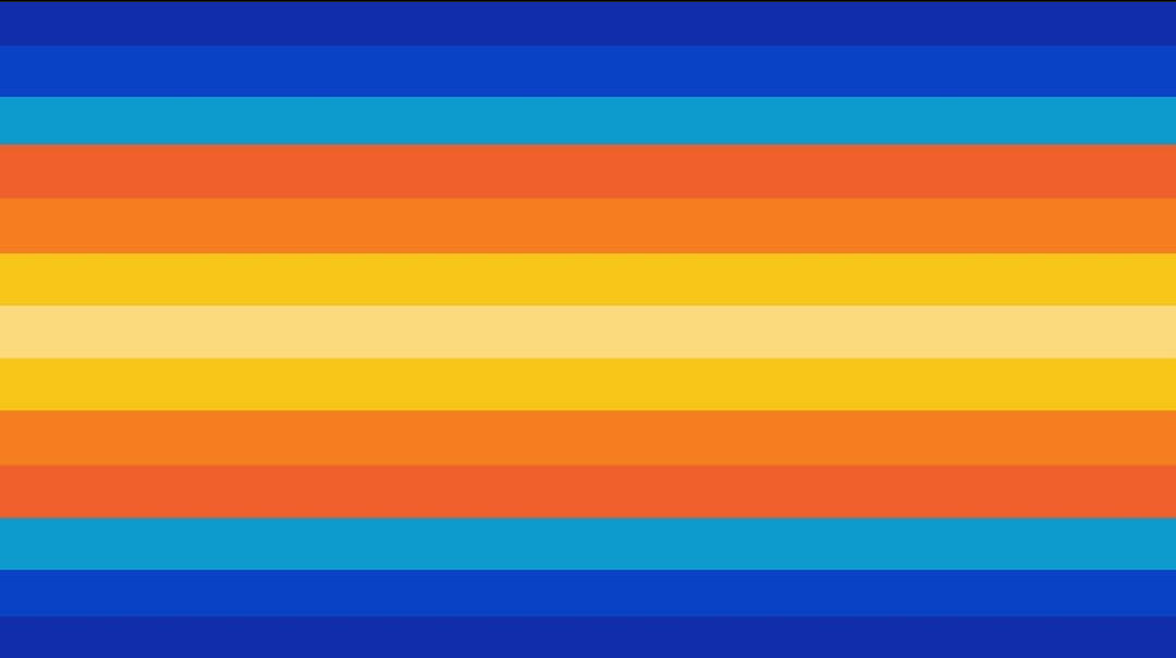 flag with 13 horizontal stripes being dark blue, royal blue, sky blue, dark orange, orange, golden yellow, yellow, golden yellow, orange, dark orange, sky blue, royal blue, and dark blue. 