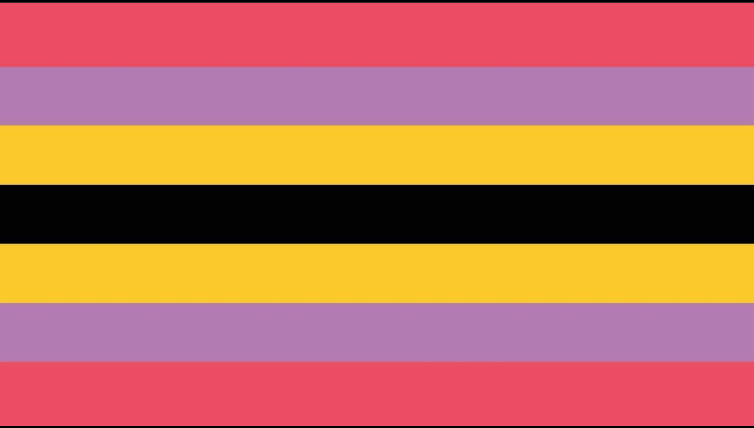 flag with 7 horizontal stripes being hot pink, purple, yellow, black, yellow, purple, and hot pink. 