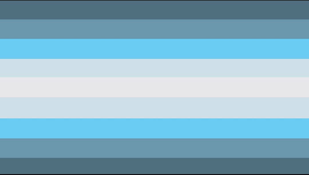 flag with 9 horizontal strieps being dark grey-blue, grey-blue, sky blue, pastel blue, white, pastel blue, sky blue, grey-blue, and dark grey-blue. 