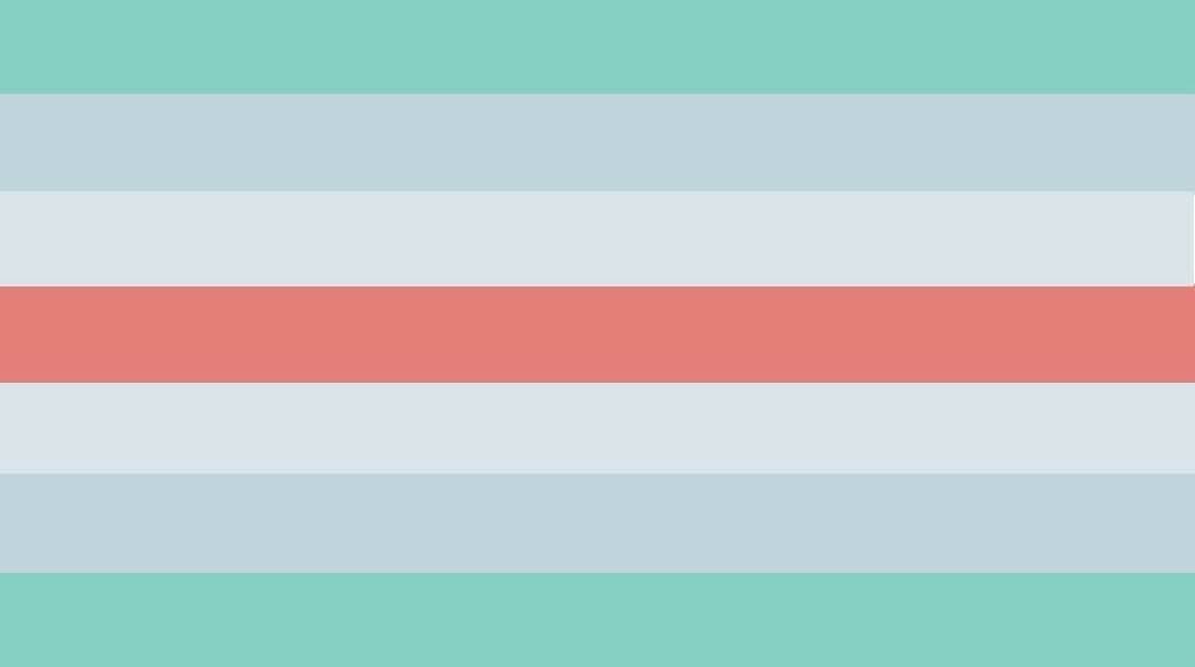 flag with 7 horizontal stripes being mint, minty grey, light grey, light red, light grey, minty grey, and mint. 