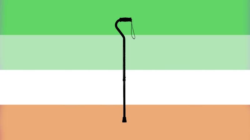 flag with 4 horizontal stripes that are green, light green, white, and orange. there is a black walking cane silhouette on the flag.