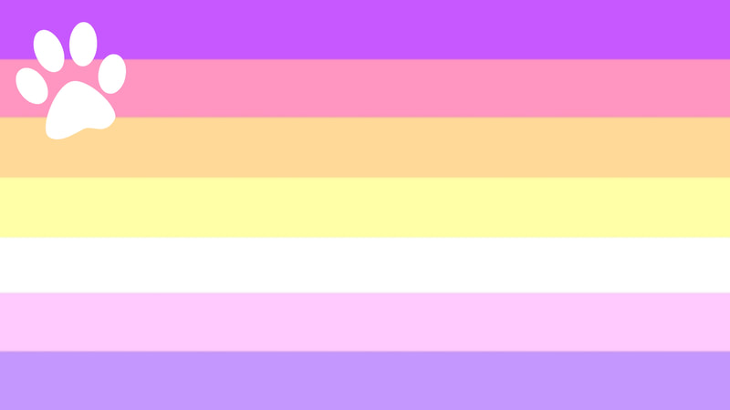 pastel flag with 7 horizontal stripes that are in the color order of bright purple, pink, pastel orange, pastel yellow, white, pastel baby pink, and pastel purple. There is a white cat paw print in the upper left-hand corner of the flag. 