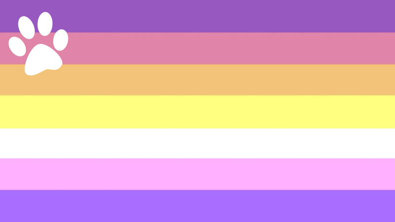 flag with 7 horizontal stripes in the color order of medium purple, dusty pink, light orange, light yellow, white, baby pink, and purple. There is a white cat paw print in the upper left-hand corner of the flag. 