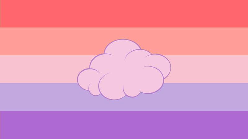 Flag on the left is the cloudsexual flag, it has 5 horizontal stripes with the top two being shades of red, a darker red then a lighter red, and the bottom two being shades of purple, a darker purple at the bottom and a lighter purple above it. The color in between is a lighter color that is a blend between red and purple. There is a lavender purple fluffy cloud in the center of the flag with a purple outline around it.