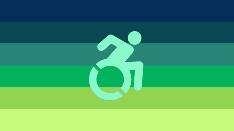 flag with 6 horiontal stripes. from top to bottom they are dark blue, dark teal, teal, green, grass green, and yellow-green. There is a moving disabled symbol in the enter of the flag that is a mint color. 