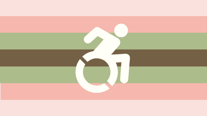 flag with 7 horizontal stripes. from top to bottom they are pale pink, baby pink, moss green, brown, moss green, baby pink, and pale pink. There is a very slightly grey tinted moving disabled logo in the center of the flag. 