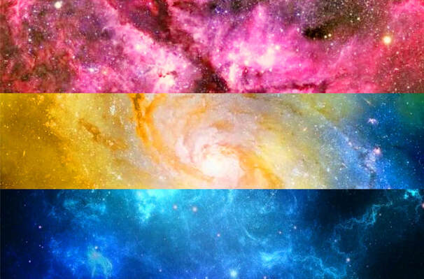 original pan flag made from photos of space/galaxies corresponding to each appropriate color