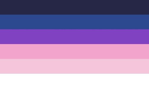 A flag with 6 horizontal stripes in the color order of very dark blue, dark blue, purple, light pink, pastel pink, and white