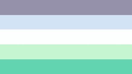 flag with 5 horizontal stripes with the colors from top to bottom being muted purple, periwinkle, white, mint green, and teal