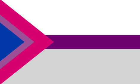 Demisexual flag with the black triangle being replaced by a triangluar version of the bi flag. 