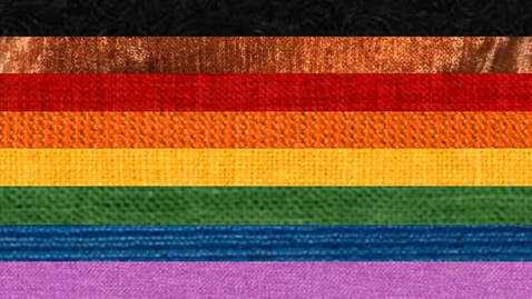 philly rainbow flag made from corresponding colors from images of fabrics