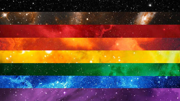 philly rainbow flag made from photos of space/galaxies corresponding to each appropriate color