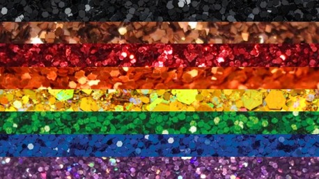 philly rainbow flag where each color stripe is a different photo of glitter corresponding to each color