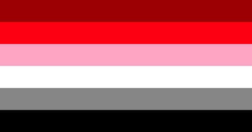 flag with 6 horizontal stripes in the color order from top to bottom being dark red, red, pink, white, gray, and black