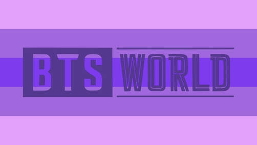 flag with 5 horizontal stripes in the color order of lavender, purple, indigo, purple, and lavender. There is a dark purple BTS WORLD logo on the flag. 