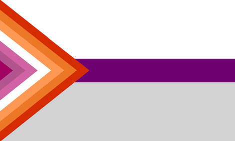 Demisexual flag with the black triangle being replaced by a triangluar version of the 7 stripe sunset lesbian flag. 