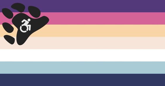 flag with 7 horizontal stripes with the colors from top to bottom being purple, pink, yellow, beige, white, steel blue, and deep blue. there is a pale black gay bear symbol in the left hand corner of the flag with a white moving disabled logo in the center of hte paw pad. the flag colors are cool tones. 