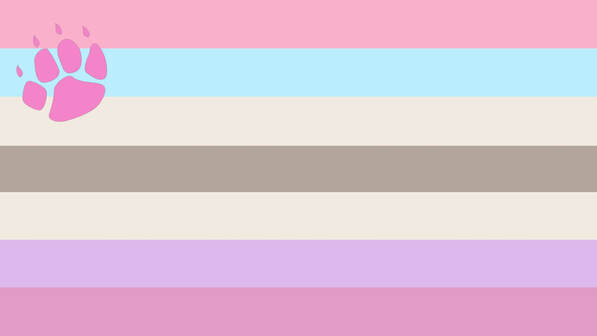 Flag with 7 horizontal stripes with colors from top to bottom being baby pink, light blue, beige, light brown, beige, lavender, and pale magenta. there is a small hot pink bear cub paw print in the top left hand corner of the flag that is tilted, with the top part where the claws are at being tilted toward the corner of the flag. 
