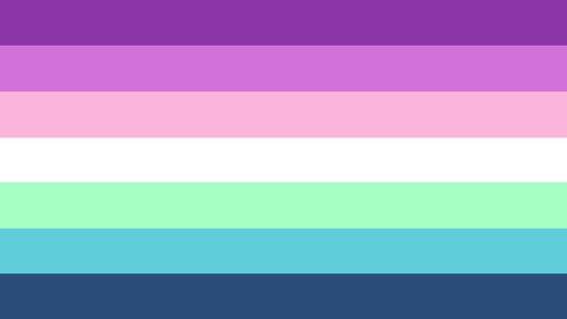 flag with 7 horizontal stripes with the colors from top to bottom being purple, light purple, light pink, white, light green, light blue, and dark blue. 