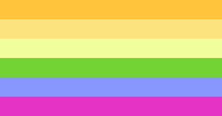 [IMAGE DESCRIPTION: A COMBINATION OF THE ANGLED AROACE FLAG AND THE RAINBOW FLAG. THE FIRST THREE STRIPES FROM THE ANGLED AROACE FLAG (YELLOW GRADIENT) THEN THE LAST THREE STRIPES FROM THE RAINBOW FLAG (GREEN, BLUE, PURPLE) IN PASTEL, IN HORIZONTAL STRIPES. END OF DESCRIPTION.]