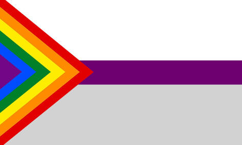 Demisexual flag with the black triangle being replaced by a triangluar version of the 6 stripe rainbow flag. 