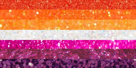 sunset lesbian flag where each color stripe is a different photo of glitter corresponding to each color
