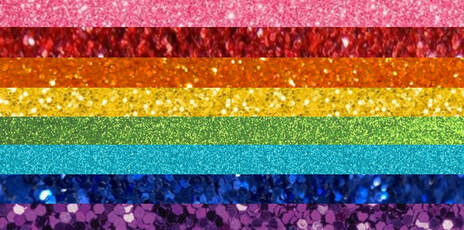 8 stripe rainbow flag where each color stripe is a different photo of glitter corresponding to each color