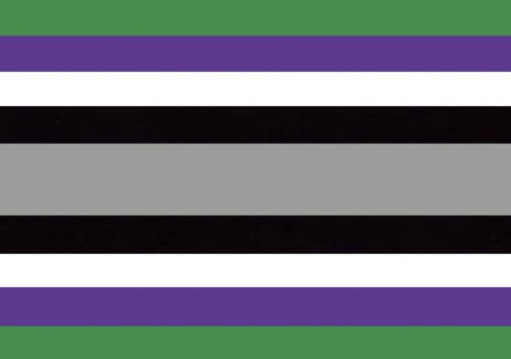 [IMAGE DESCRIPTION: A FLAG WITH 9 HORIZONTAL STRIPES IN THE ORDER OF GREEN, PURPLE, WHITE, BLACK, A BIGGER GRAY STRIPE, BLACK, WHITE, PURPLE, AND GREEN. END OF DESCRIPTION.]