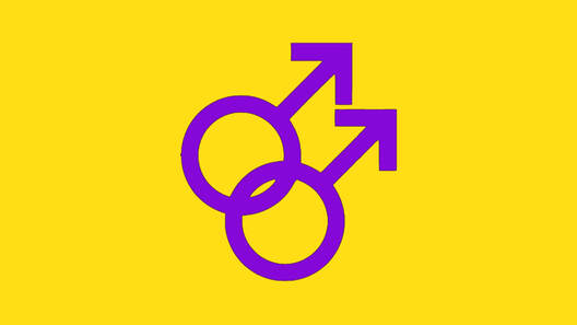 a yellow flag with a purple mlm symbol (two interlocked mars symbols) in the center