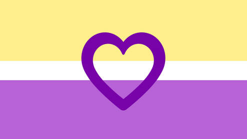 There are 3 horizontal stripes, the middle stripe being thin and white. The top stripe is light yellow. The bottom stripe is medium purple. There is a bold hollow heart outline in the center of the flag that is a darker purple. 