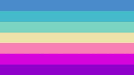 flag with 7 horizontal stripes being blue, teal blue, mint green, yellow, pink, purple, and indigo