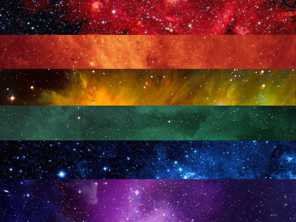 6 stripe rainbow flag made from photos of space/galaxies corresponding to each appropriate color