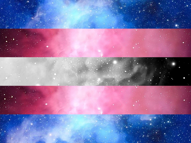 trans flag made from photos of space/galaxies corresponding to each appropriate color