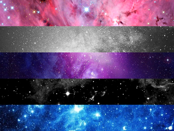 genderfluid flag made from photos of space/galaxies corresponding to each appropriate color