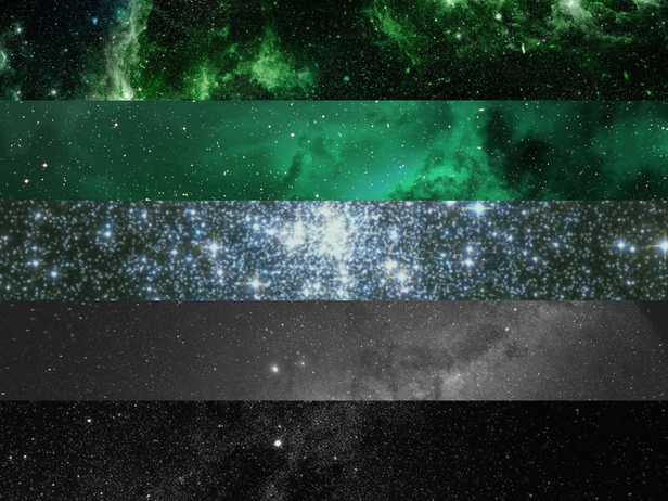 aromantic flag made from photos of space/galaxies corresponding to each appropriate color