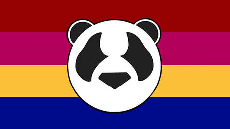 flag with 4 horizontal stripes being dark red, magenta, golden yellow, and a darker blue. There is a cartoon panda head on the flag that has no eyes or mouth.