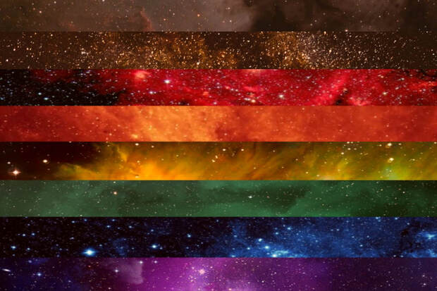 bipoc rainbow flag made from photos of space/galaxies corresponding to each appropriate color