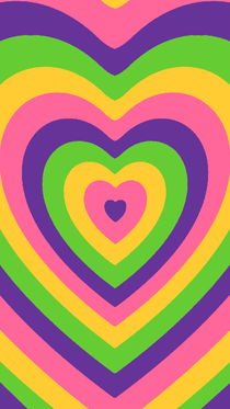 Heart pride flag wallpaper based on the power puff girls. There is a heart in the middle with different colored hearts going outward, each color of this wallpaper being the purple, pink, yellow, and green sapphic/sappho lesbian flag. 
