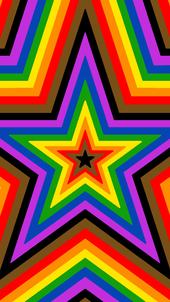 star flag edit with the philly rainbow flag. There is a tiny star in the middle that is black, and then there are stars bordering it going outward in the colors corresponding to the bipoc rainbow flag stripes. 